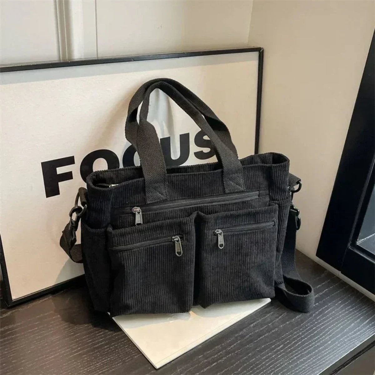 Women's Corduroy Multi-Pocket Convertible Tote Bag - Black