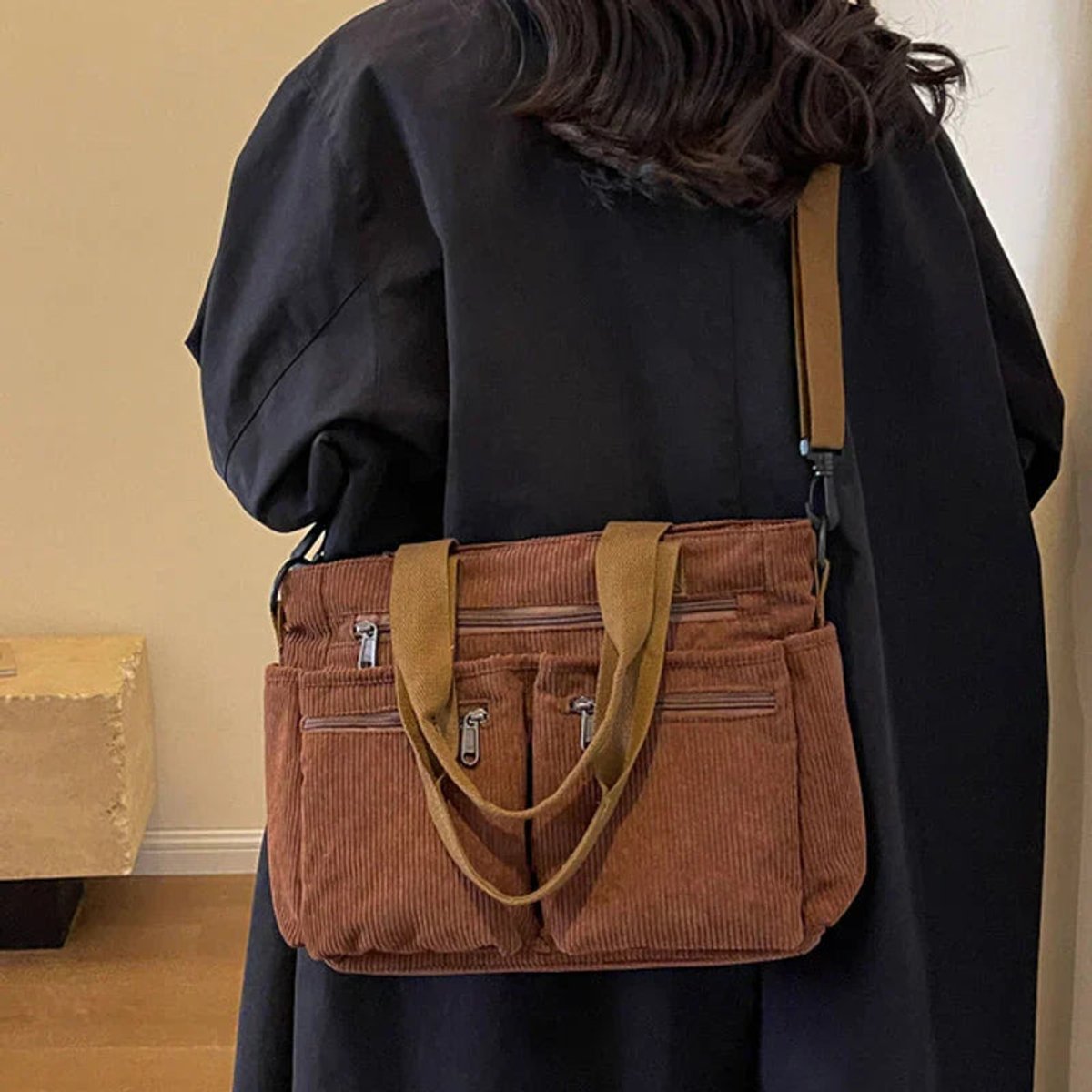 Women's Corduroy Multi-Pocket Convertible Tote Bag