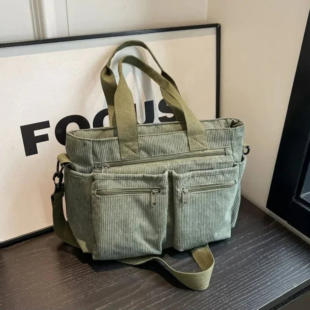 Women's Corduroy Multi-Pocket Convertible Tote Bag - Green