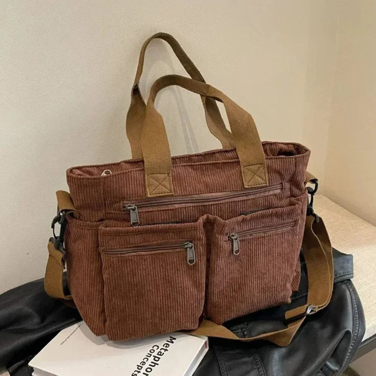 Women's Corduroy Multi-Pocket Convertible Tote Bag - Brown