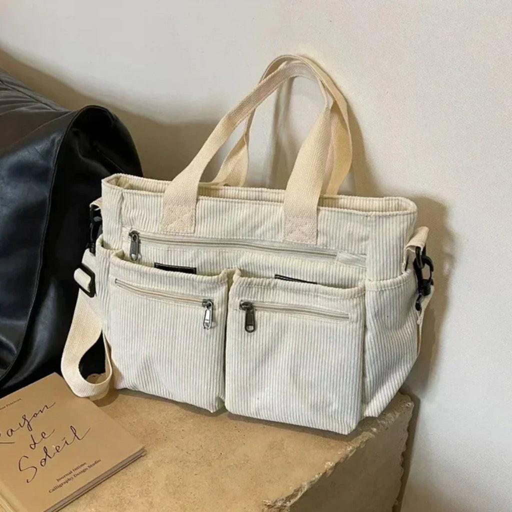 Women's Corduroy Multi-Pocket Convertible Tote Bag - Beige