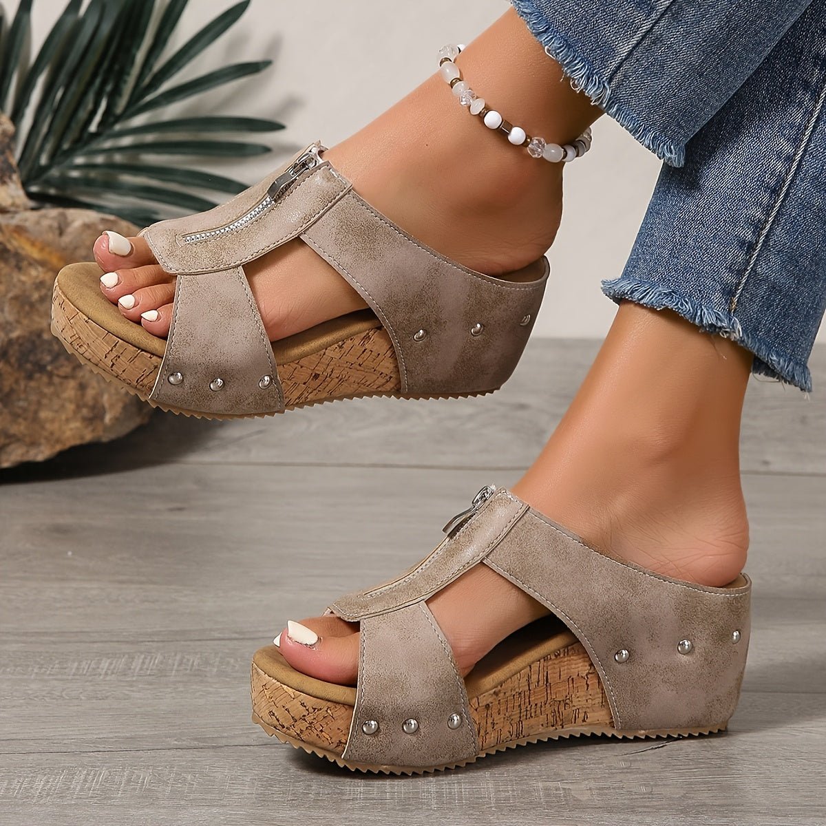 Women's Cork Wedge Open-Toe Zipper Comfortable Sandals