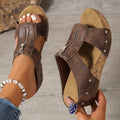 Women's Cork Wedge Open-Toe Zipper Comfortable Sandals - Light Brown
