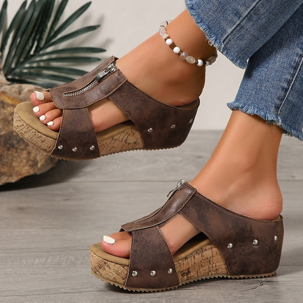 Women's Cork Wedge Open-Toe Zipper Comfortable Sandals