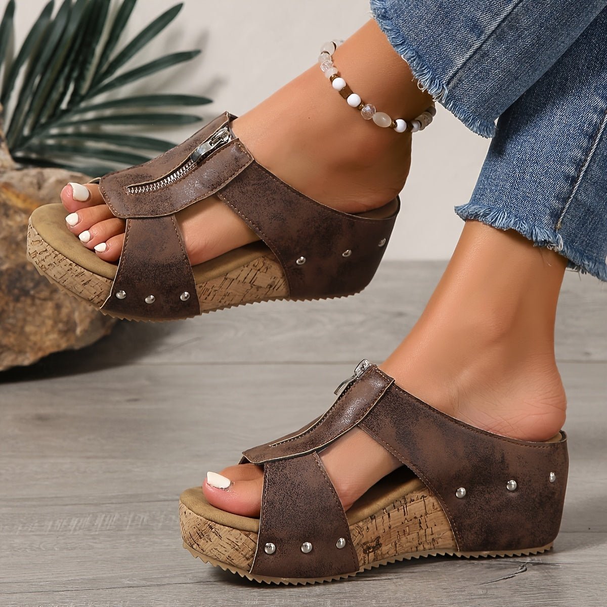 Women's Cork Wedge Open-Toe Zipper Comfortable Sandals