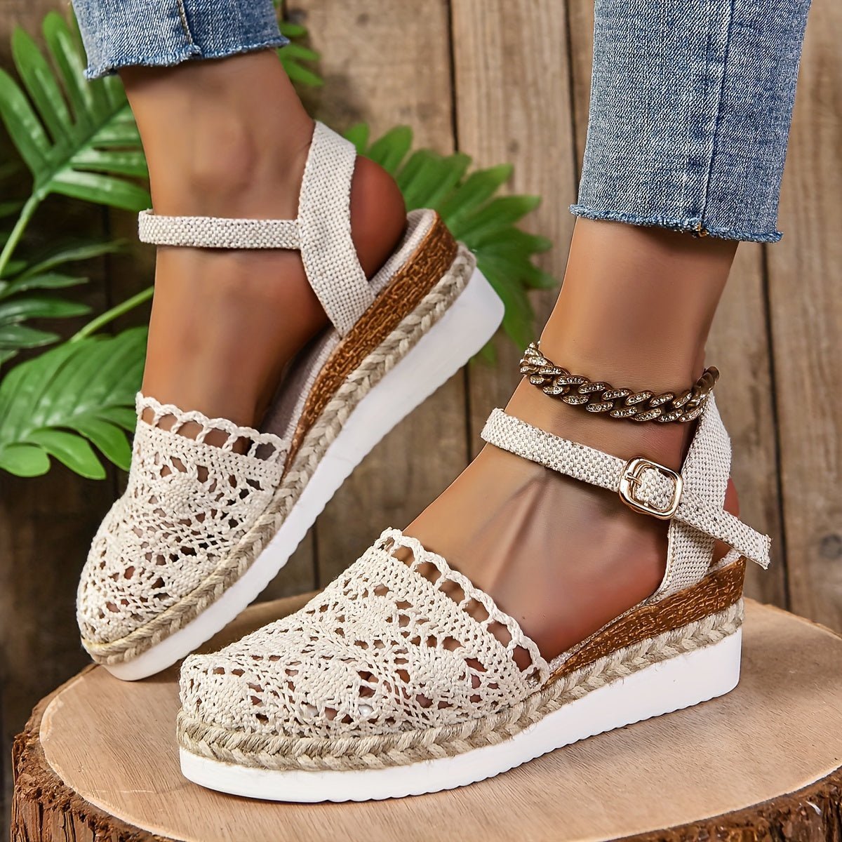 Women's Crochet Ankle-Strap Comfortable Sandals Espadrille Platform