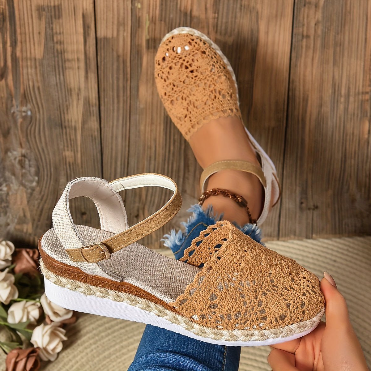 Women's Crochet Ankle-Strap Comfortable Sandals Espadrille Platform
