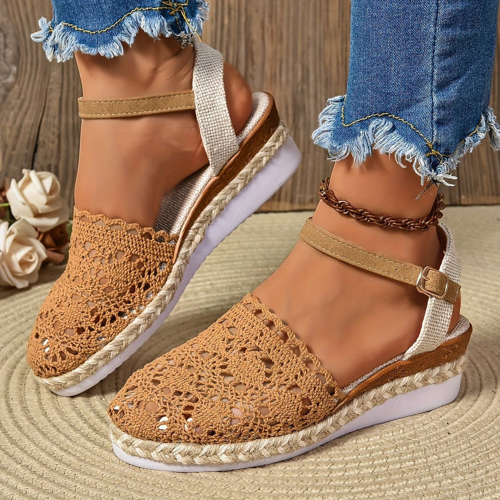 Women's Crochet Ankle-Strap Comfortable Sandals Espadrille Platform - Dark Brown