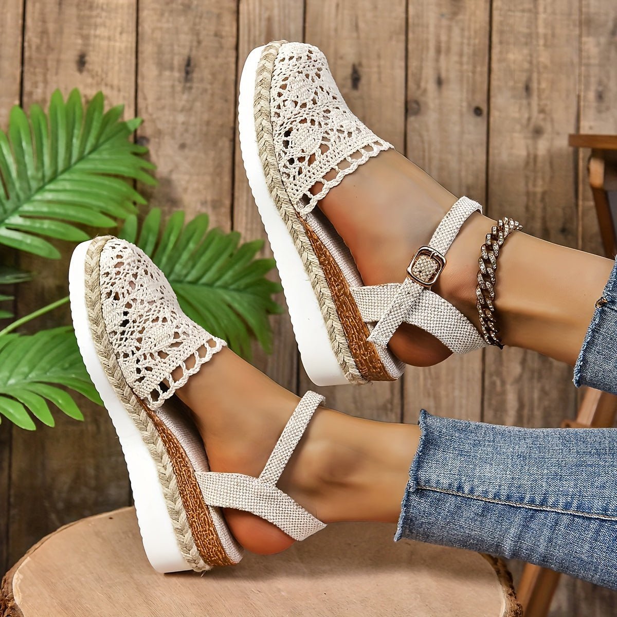 Women's Crochet Ankle-Strap Comfortable Sandals Espadrille Platform