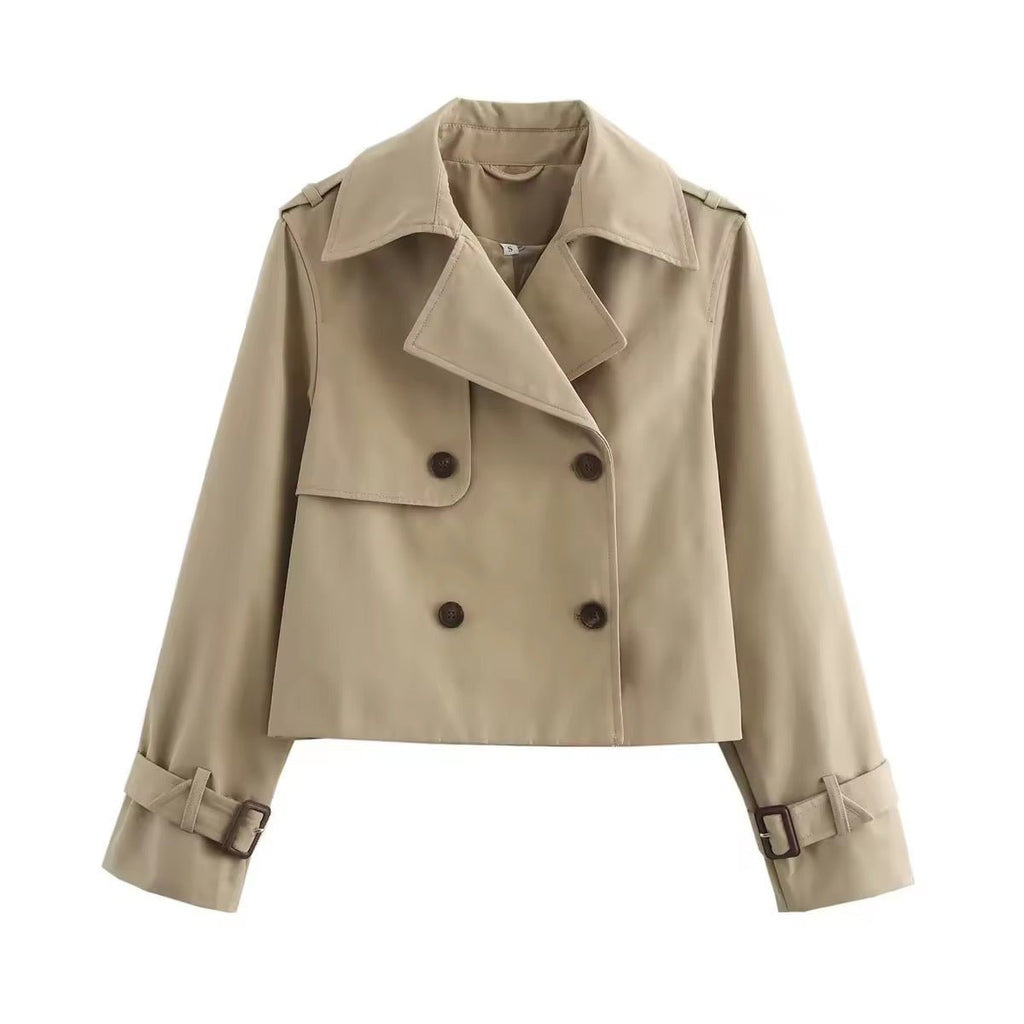 Women's Cropped Double-Breasted Belted-Cuff Trench Coat - Beige