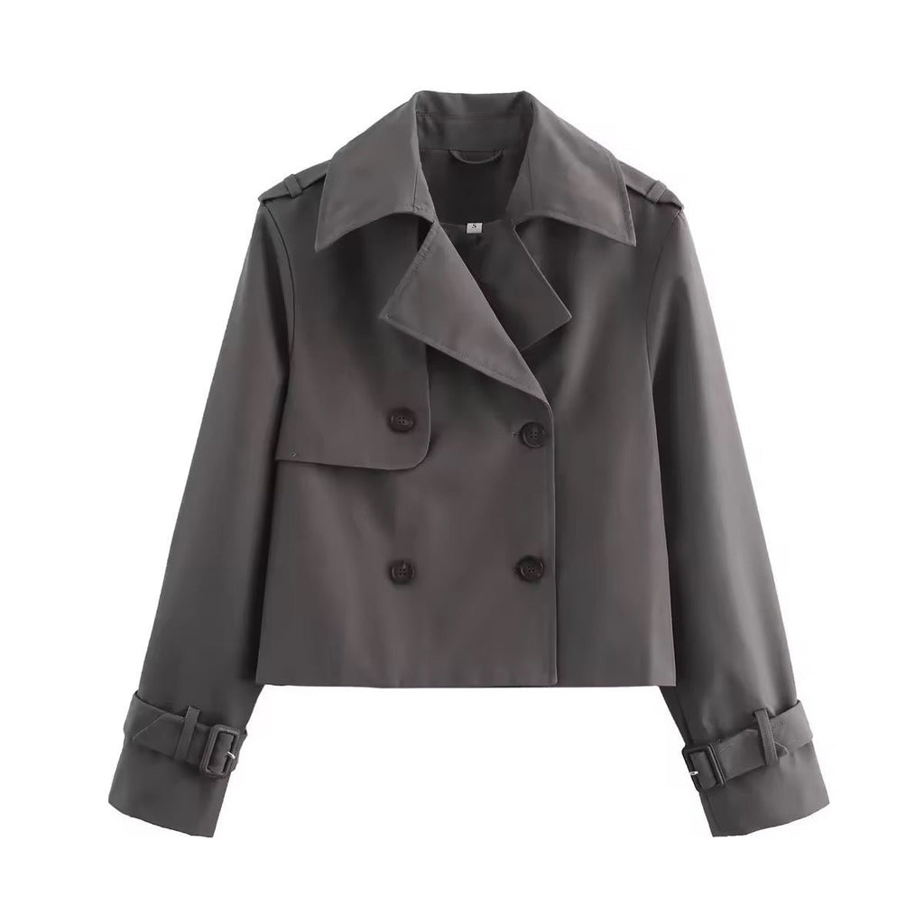 Women's Cropped Double-Breasted Belted-Cuff Trench Coat - Gray