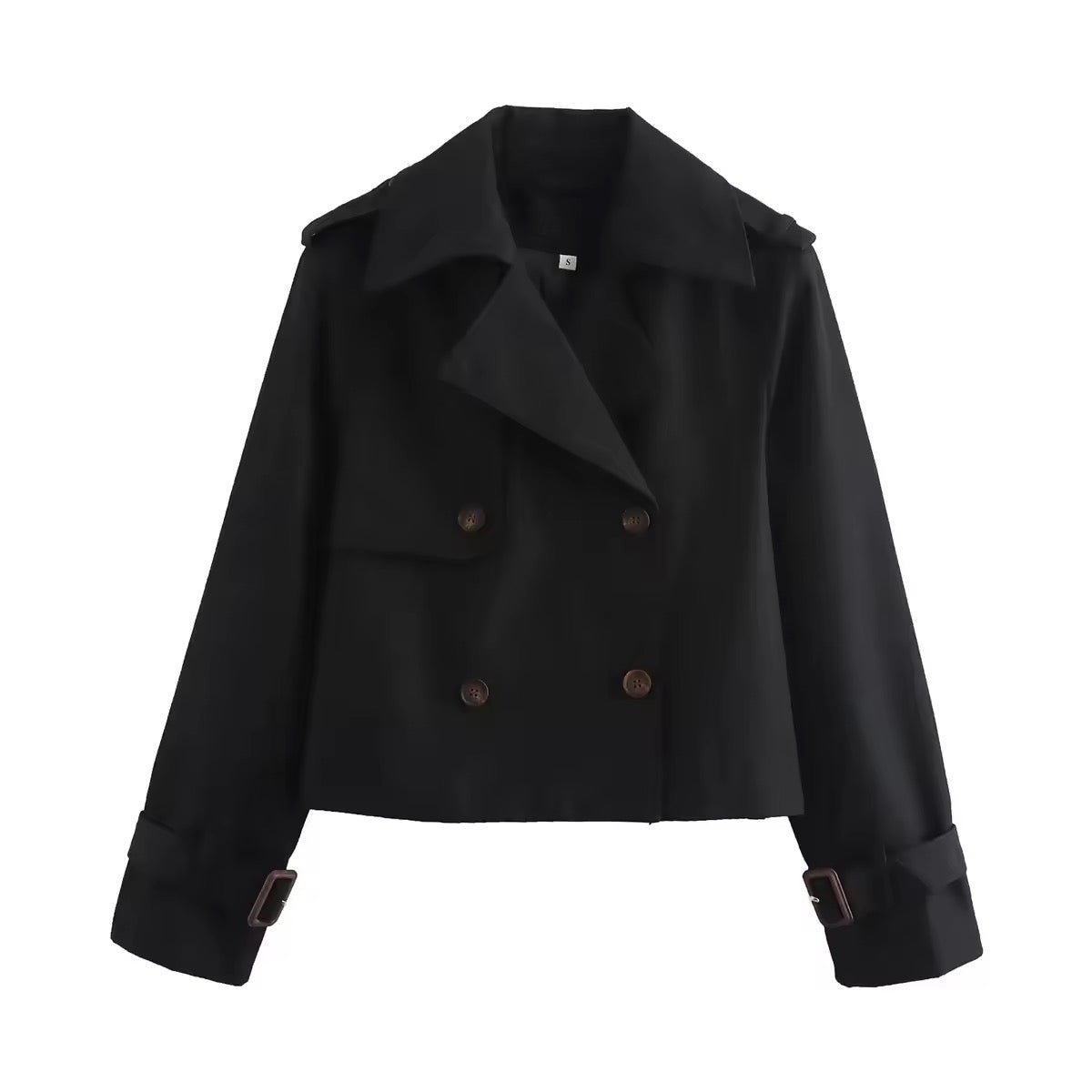 Women's Cropped Double-Breasted Belted-Cuff Trench Coat - Black