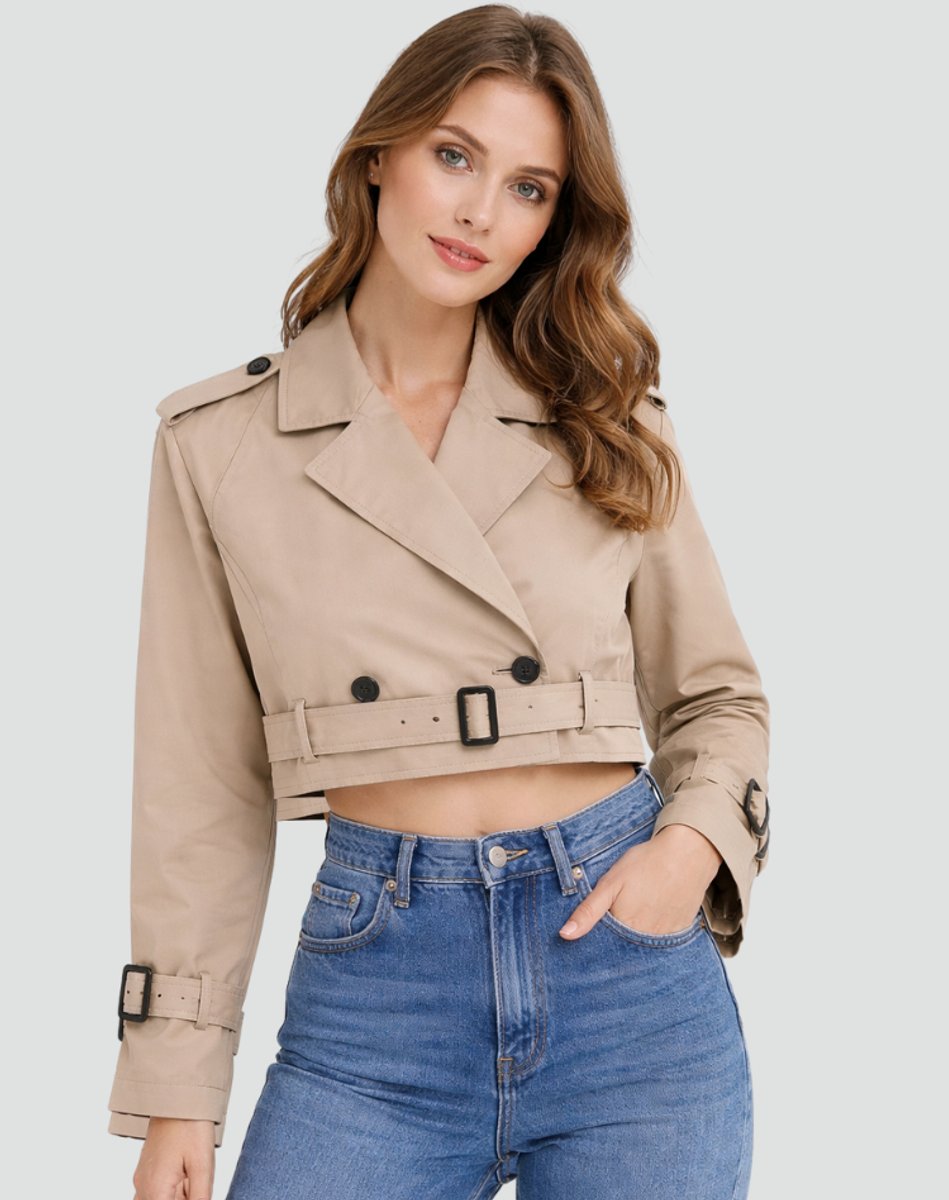 Women's Cropped Double-Breasted Belted Trench Coat Jacket - Khaki