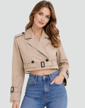 Women's Cropped Double-Breasted Belted Trench Coat Jacket - Khaki