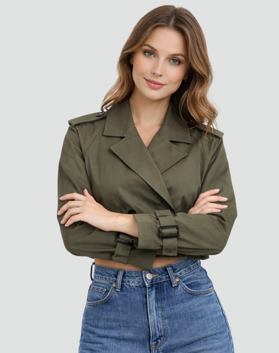 Women's Cropped Double-Breasted Belted Trench Coat Jacket - Army Green