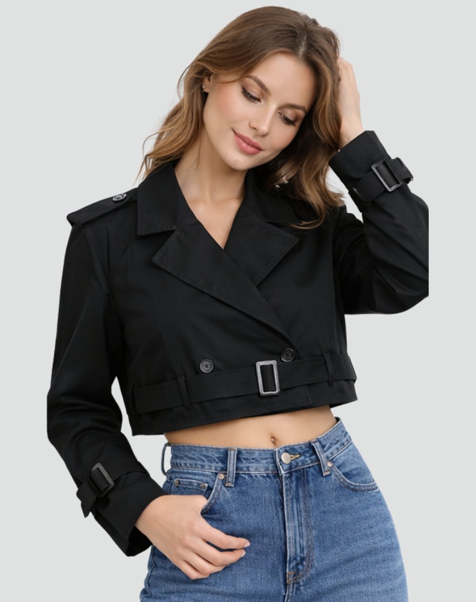 Women's Cropped Double-Breasted Belted Trench Coat Jacket - Black