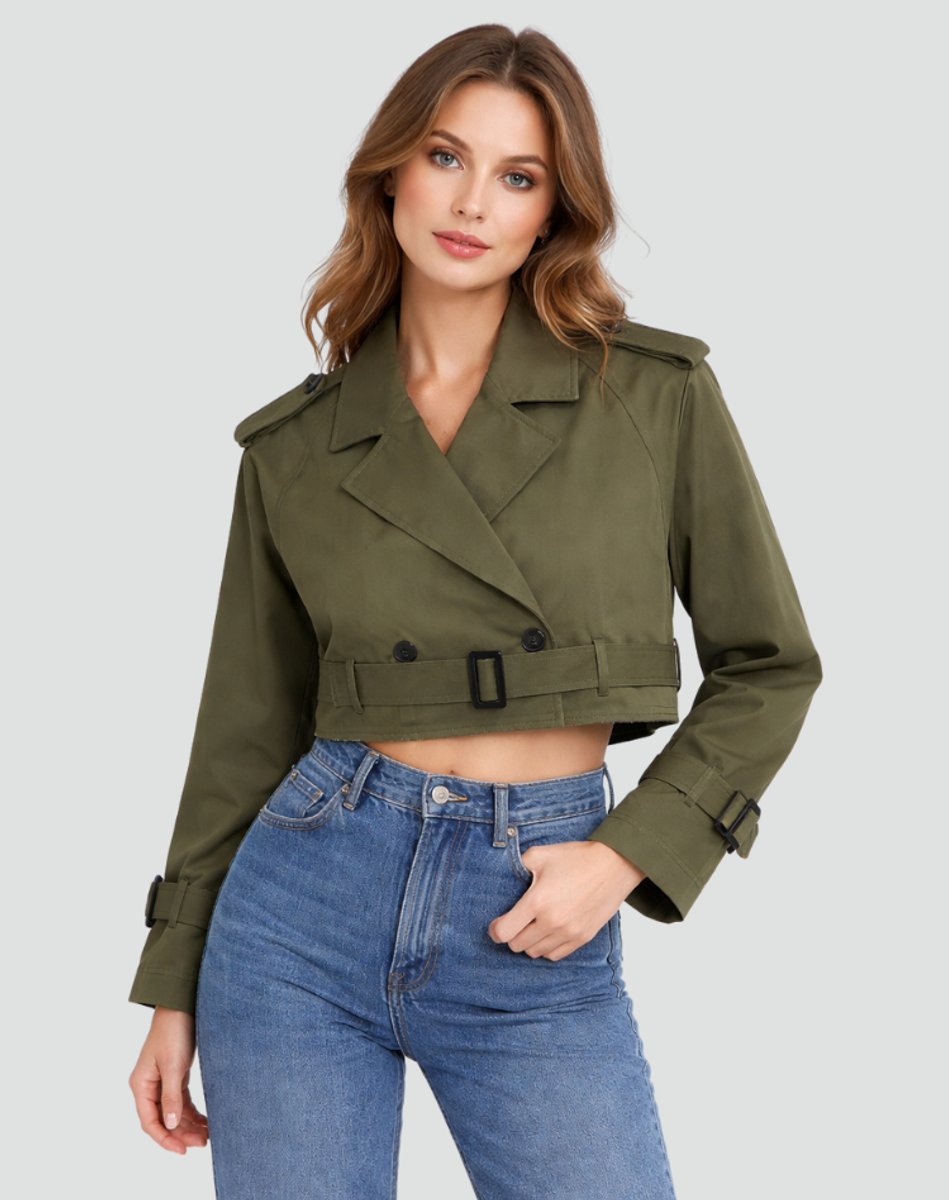 Women's Cropped Double-Breasted Belted Trench Coat Jacket