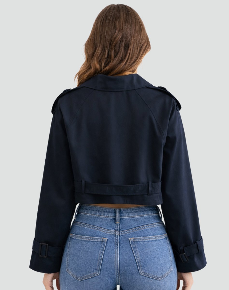 Women's Cropped Double-Breasted Belted Trench Coat Jacket