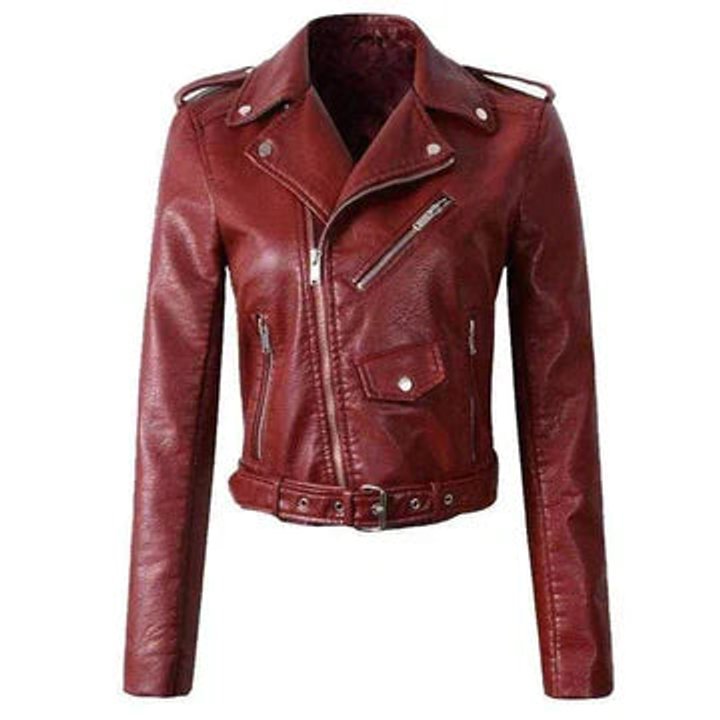 Women's Cropped Moto Faux Leather Jacket Belted Biker