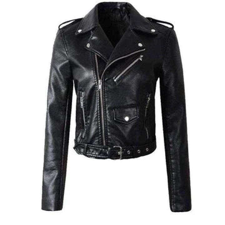 Women's Cropped Moto Faux Leather Jacket Belted Biker