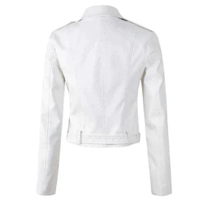 Women's Cropped Moto Faux Leather Jacket Belted Biker