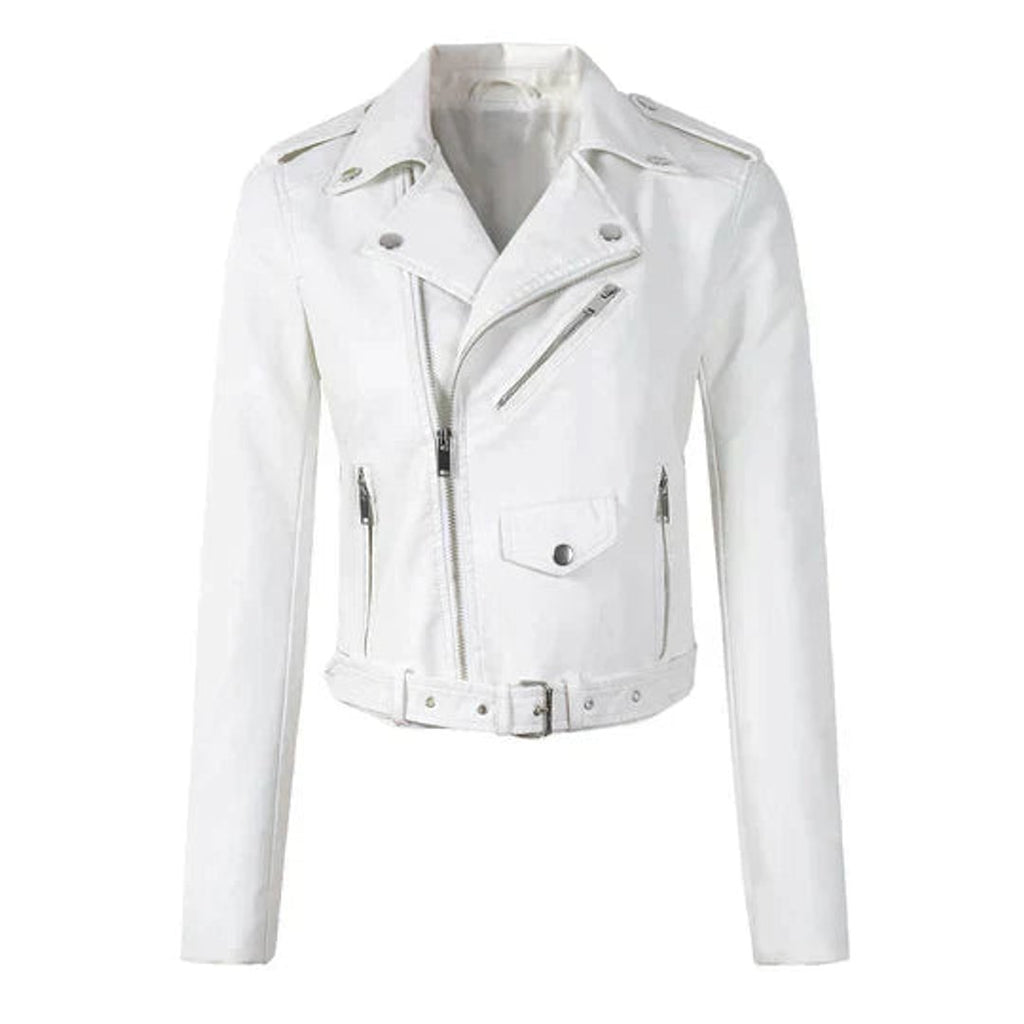 Women's Cropped Moto Faux Leather Jacket Belted Biker - White