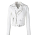 Women's Cropped Moto Faux Leather Jacket Belted Biker - White
