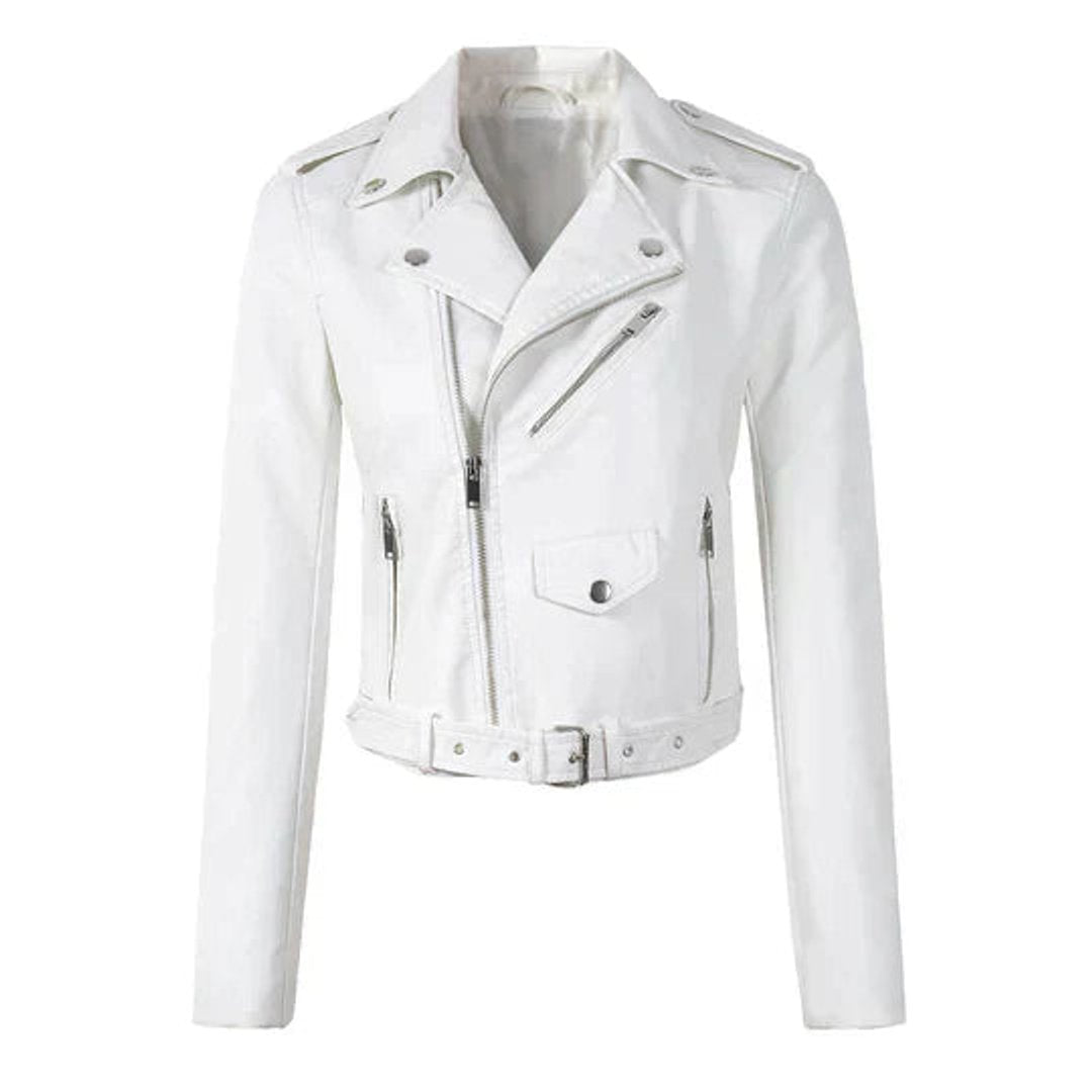 Women's Cropped Moto Faux Leather Jacket Belted Biker - White