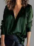 Women's Deep V-Neck Satin Long Sleeve Draped Blouse - Green