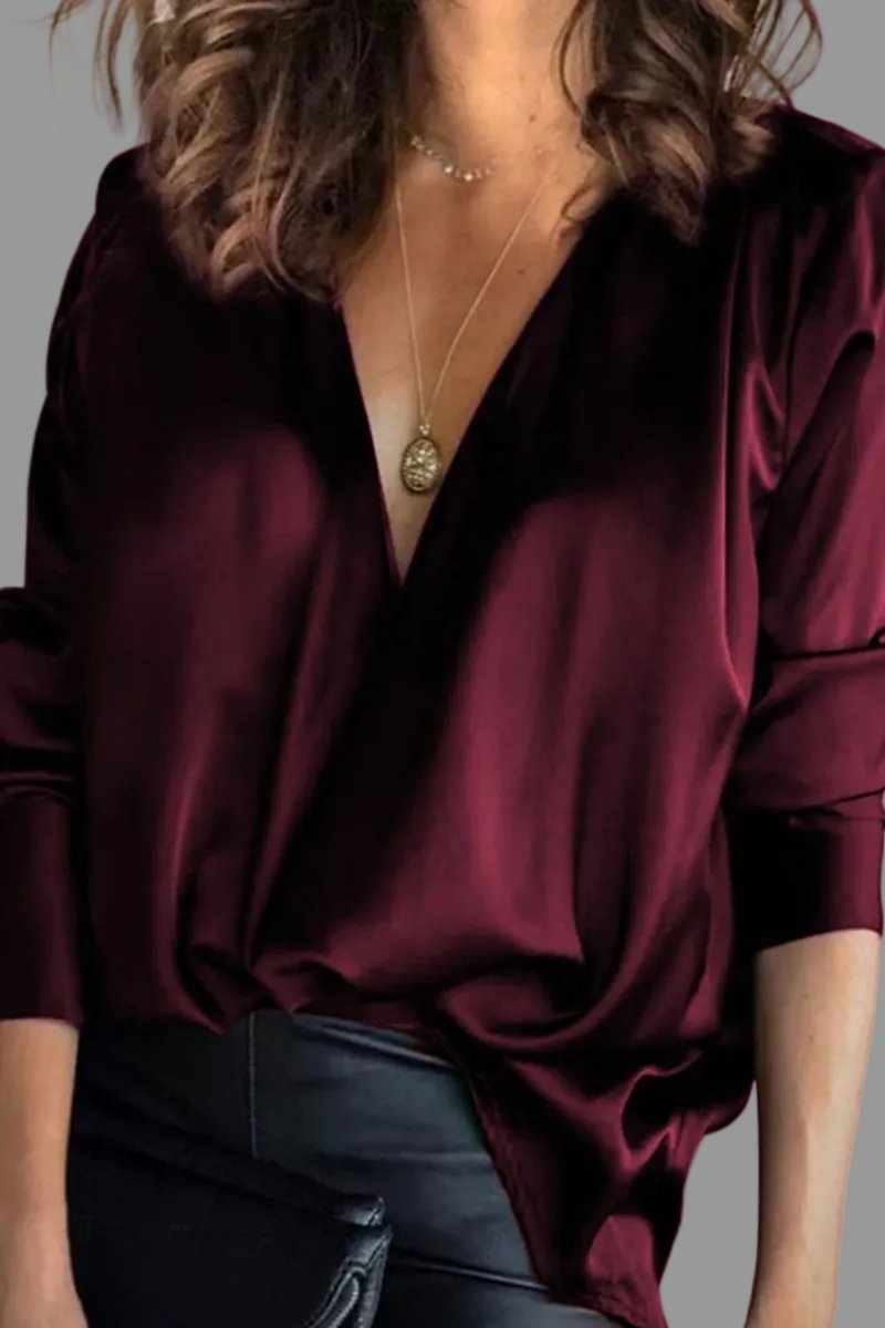 Women's Deep V-Neck Satin Long Sleeve Draped Blouse - Burgundy