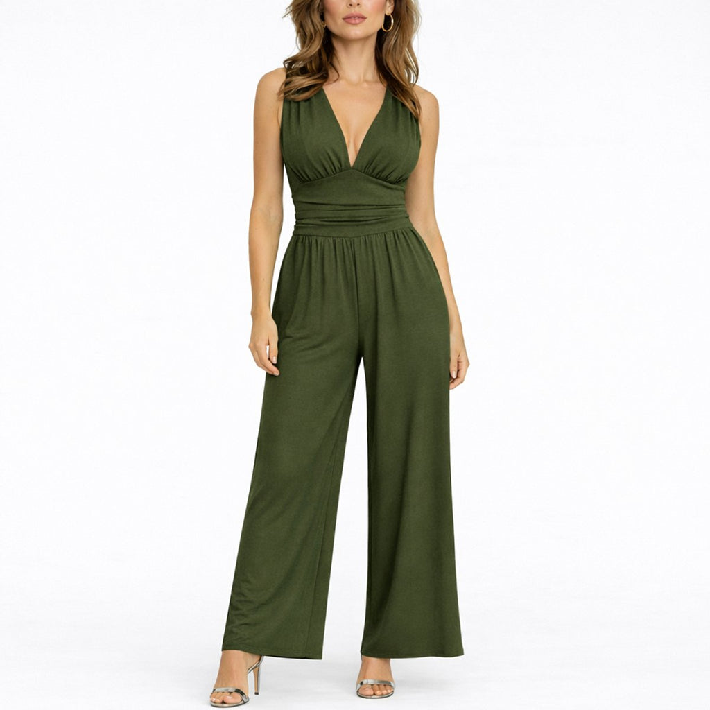 Women's Deep V-Neck Sleeveless Wide-Leg Jumpsuit - Dark Green