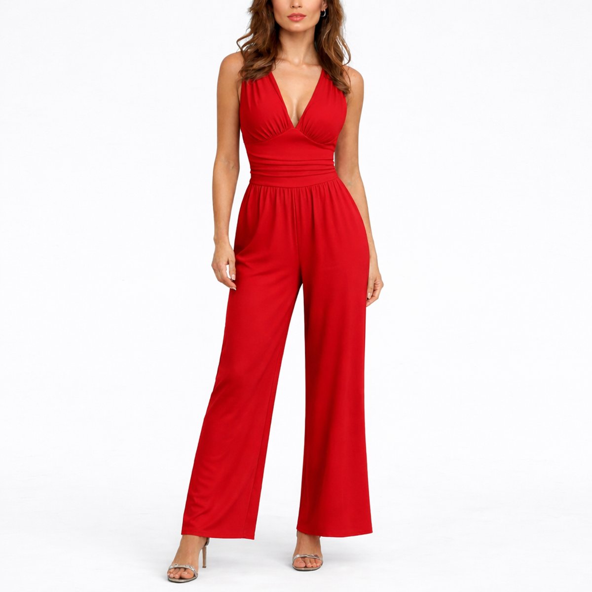 Women's Deep V-Neck Sleeveless Wide-Leg Jumpsuit - Red