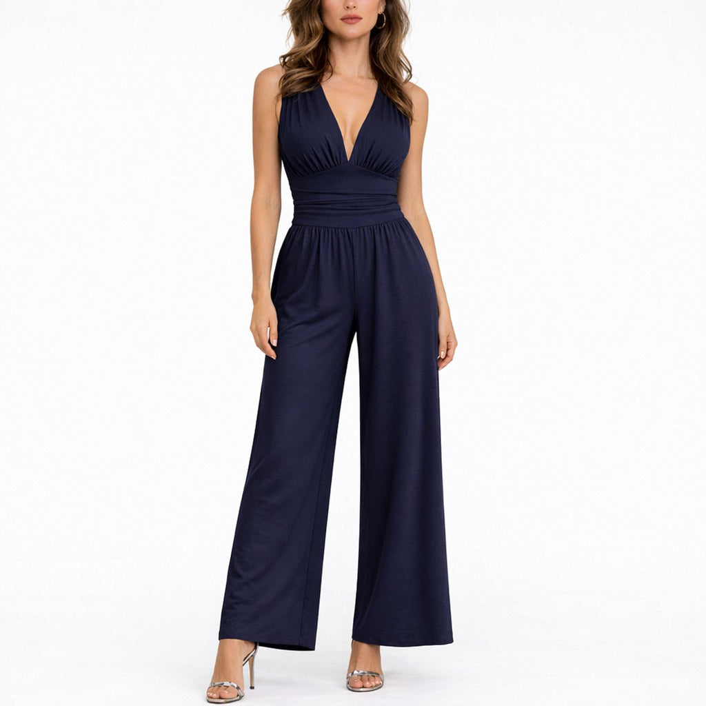 Women's Deep V-Neck Sleeveless Wide-Leg Jumpsuit - Navy