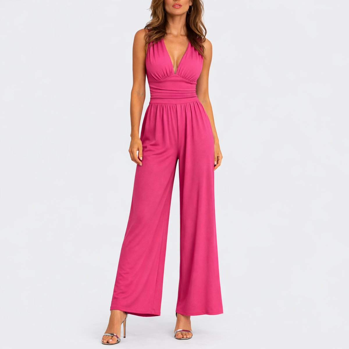 Women's Deep V-Neck Sleeveless Wide-Leg Jumpsuit - Pink