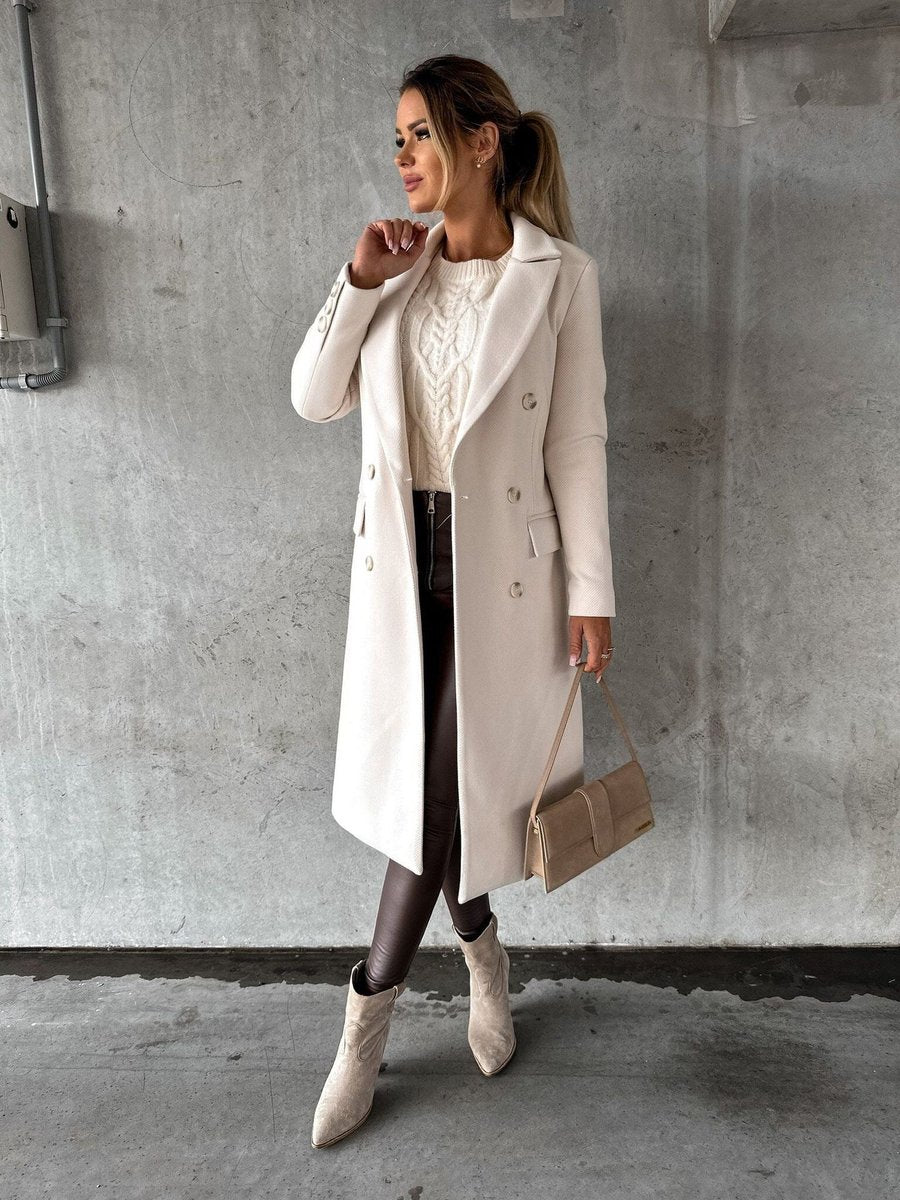 Women's Double-Breasted Long Polyester Overcoat - Beige