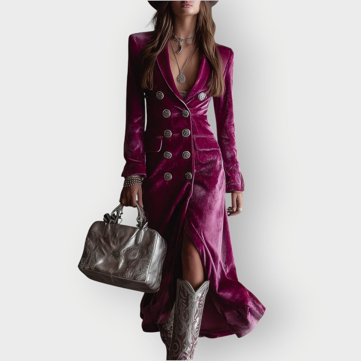 Women's Double-Breasted Velvet Maxi Formal Dress - Lilac