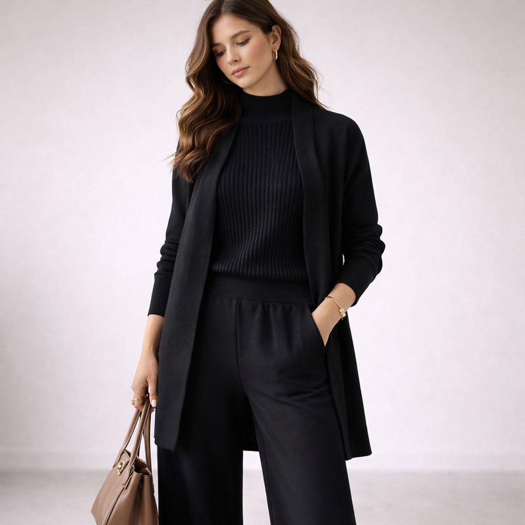 Women's Elegant Evening Gown Inspired Three-Piece Knit Lounge Set - Black