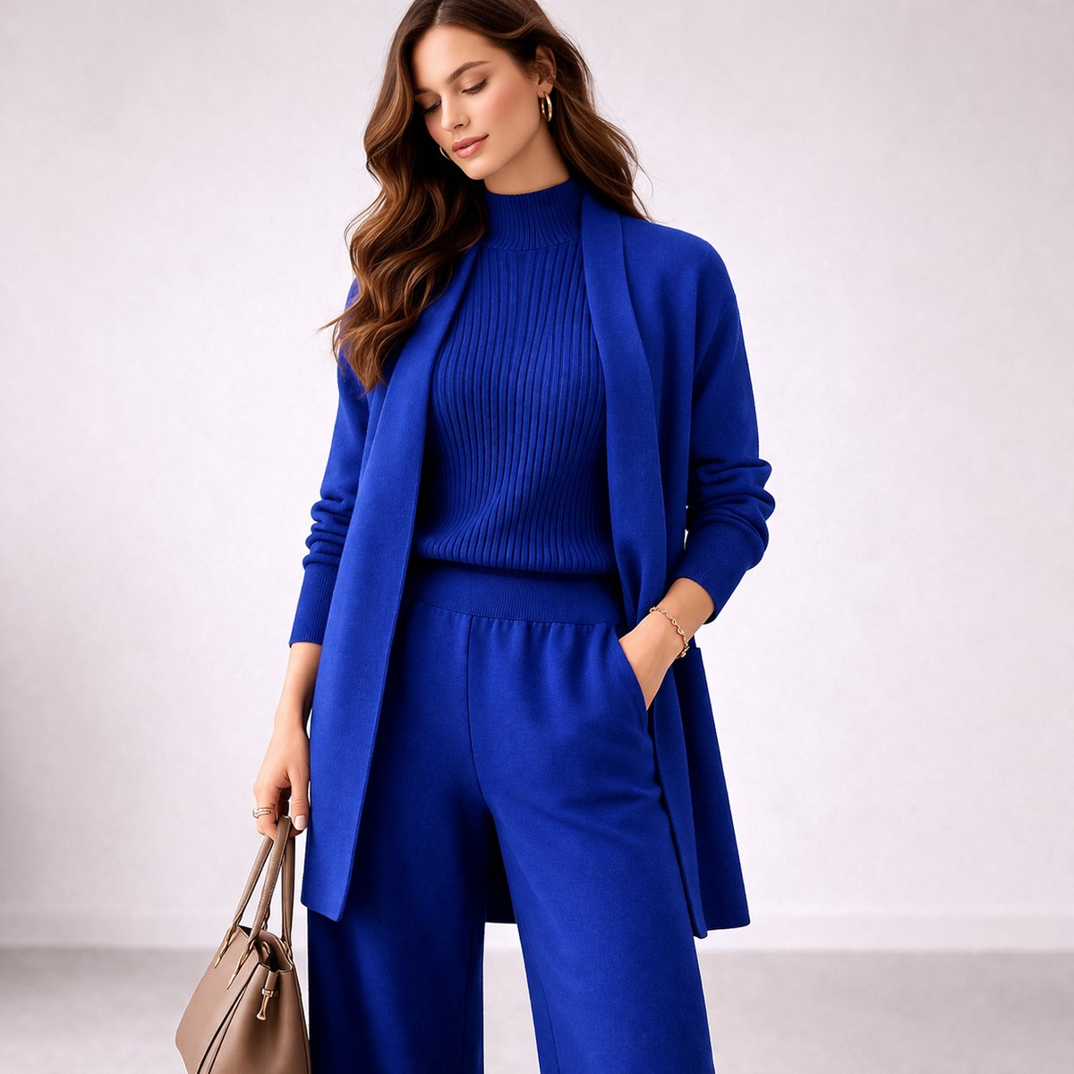Women's Elegant Evening Gown Inspired Three-Piece Knit Lounge Set - Blue