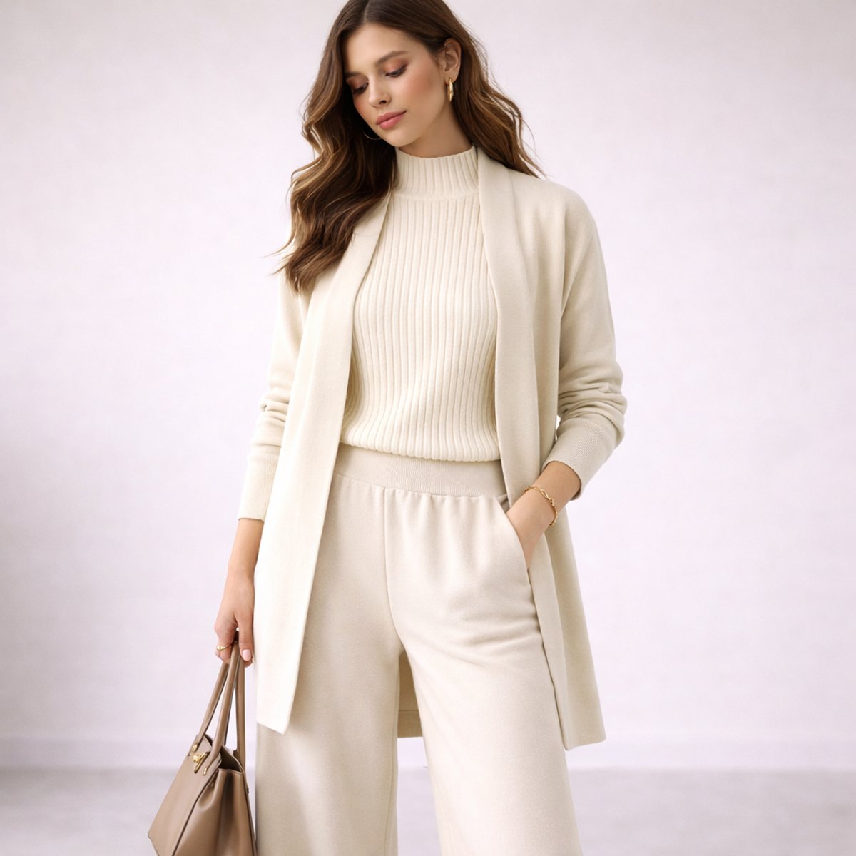 Women's Elegant Evening Gown Inspired Three-Piece Knit Lounge Set - White