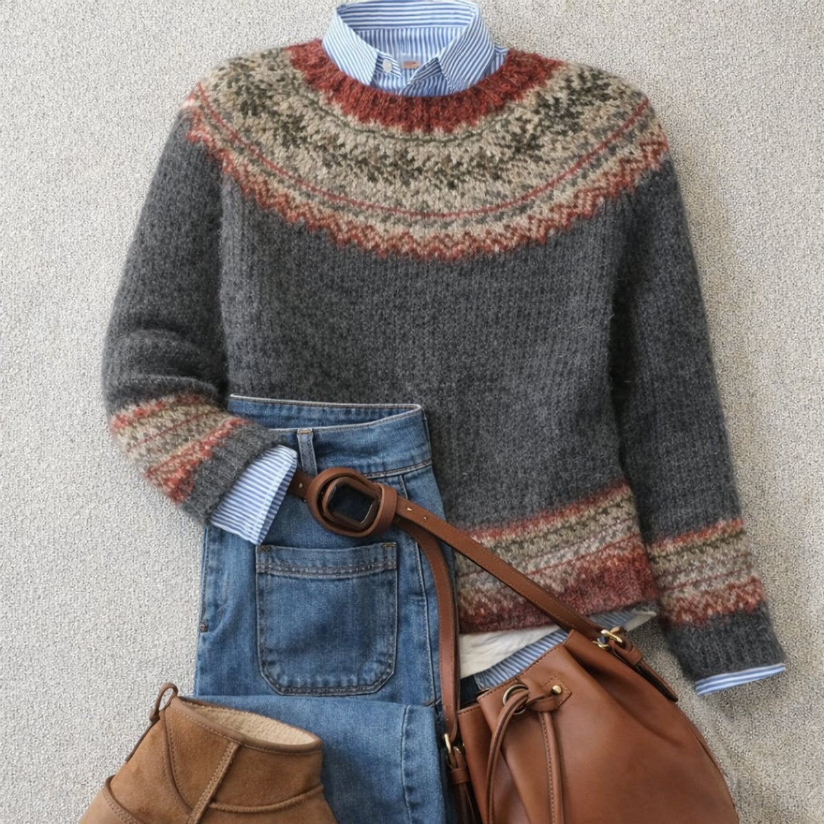 Women's Fair Isle Nordic Knit Crewneck Sweater - Gray