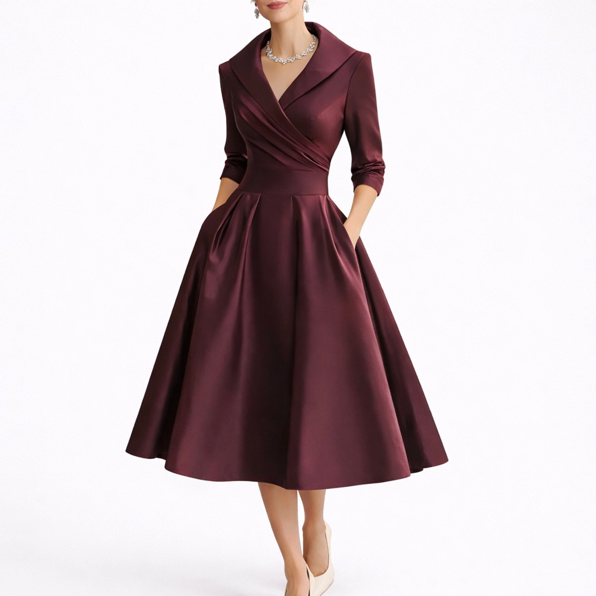 Women's Fall Wedding Guest Dresses A-Line Midi Wrap Dress - Red