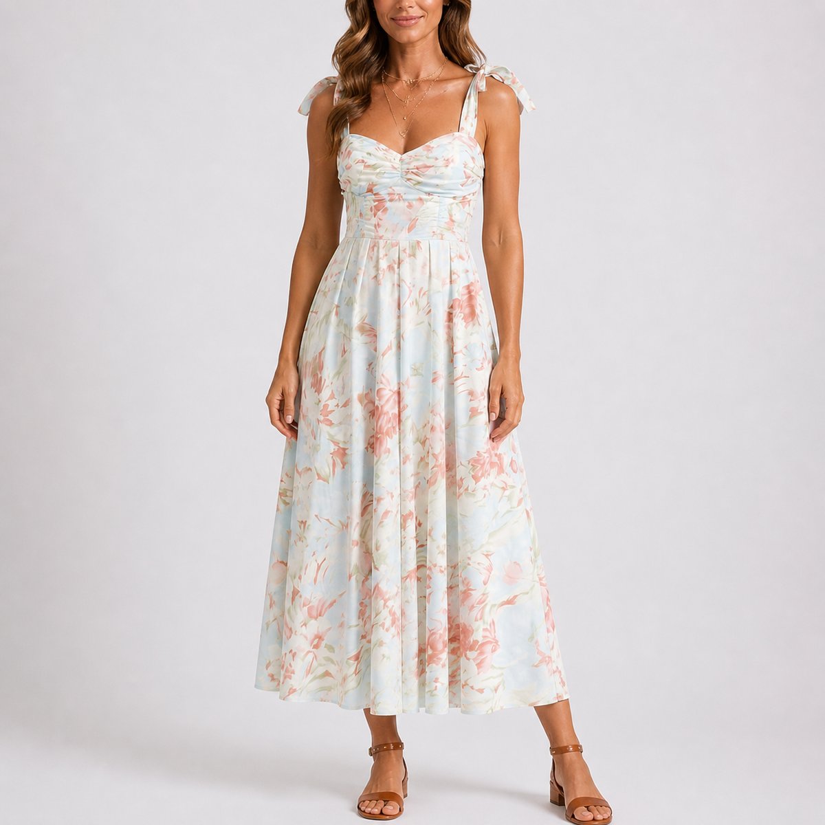 Women's Fall Wedding Guest Dresses Floral Ruched Tie-Shoulder Midi Dress - Floral