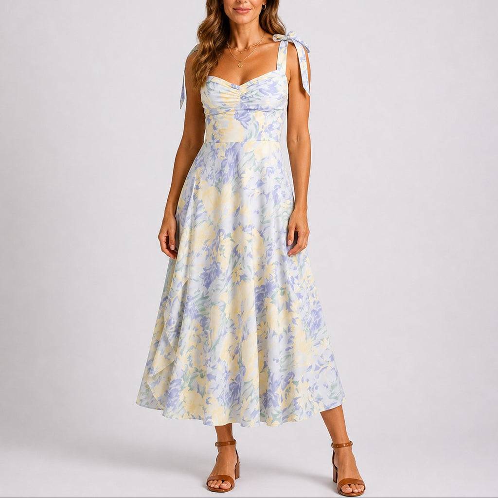 Women's Fall Wedding Guest Dresses Floral Ruched Tie-Shoulder Midi Dress - Floral White