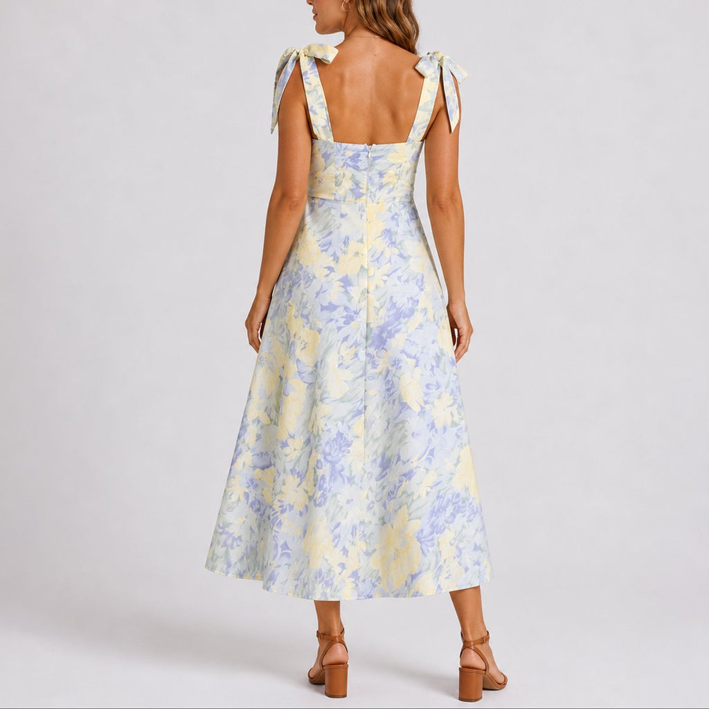 Women's Fall Wedding Guest Dresses Floral Ruched Tie-Shoulder Midi Dress