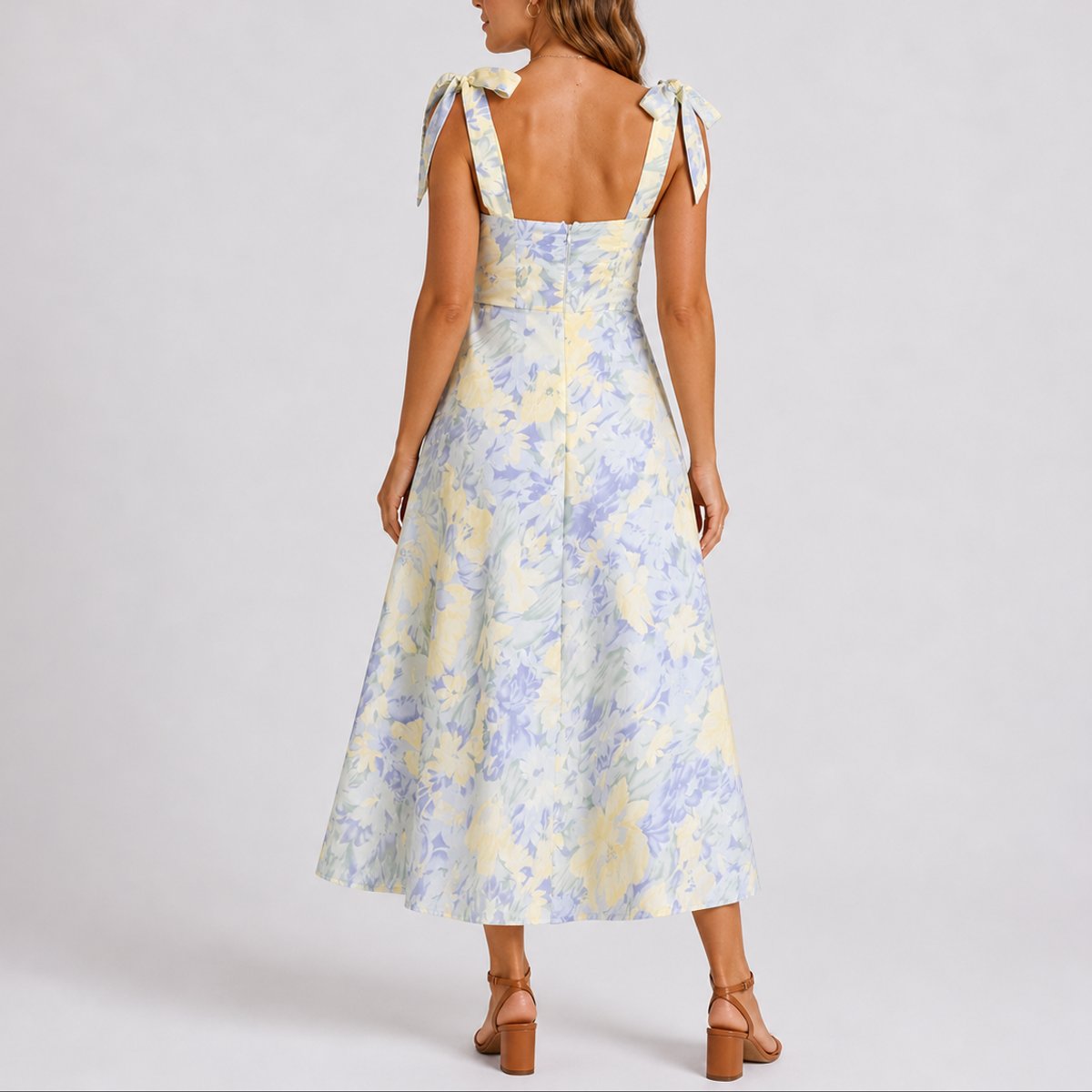 Women's Fall Wedding Guest Dresses Floral Ruched Tie-Shoulder Midi Dress