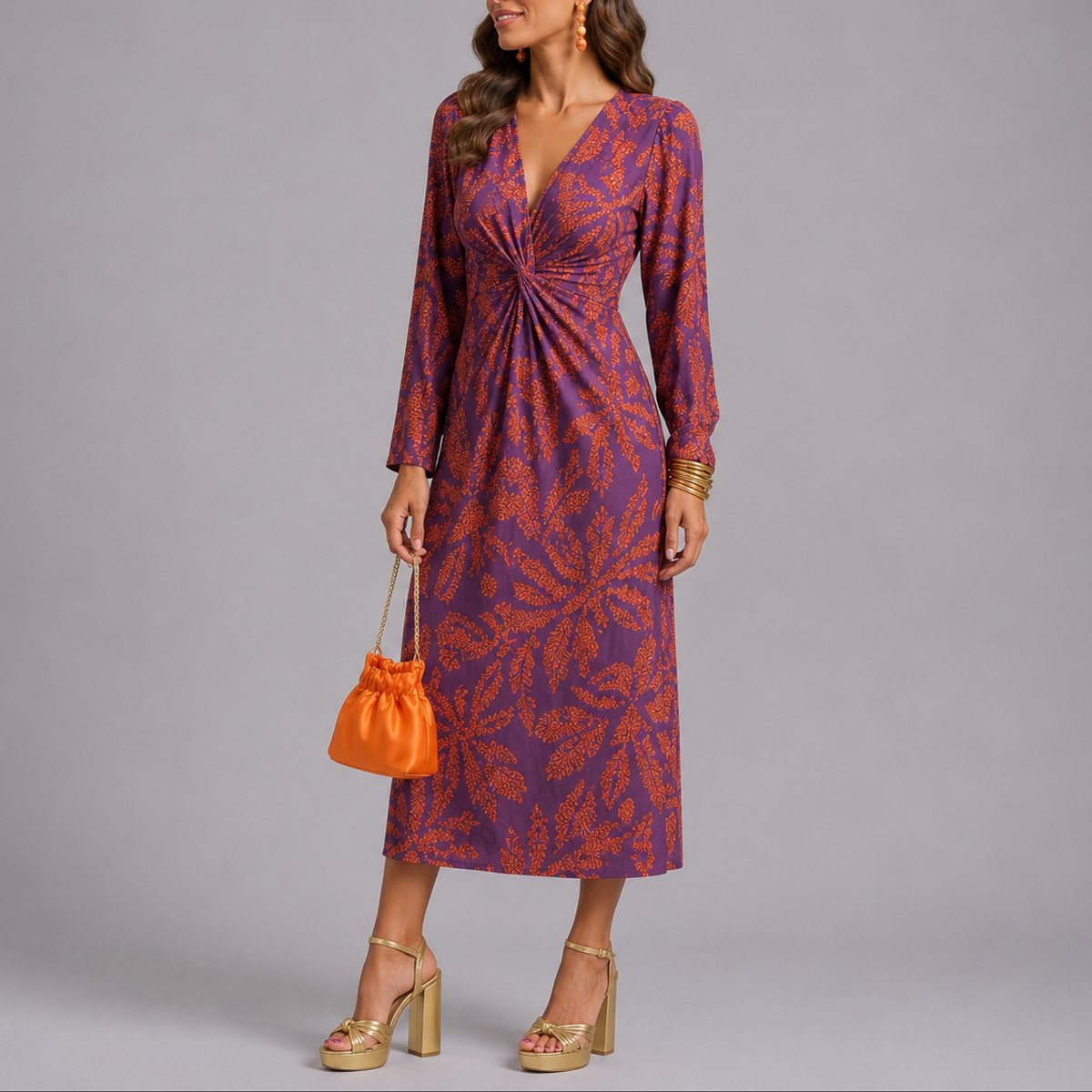 Women's Fall Wedding Guest Dresses Floral Twist-Front V-Neck Midi Dress - Purple