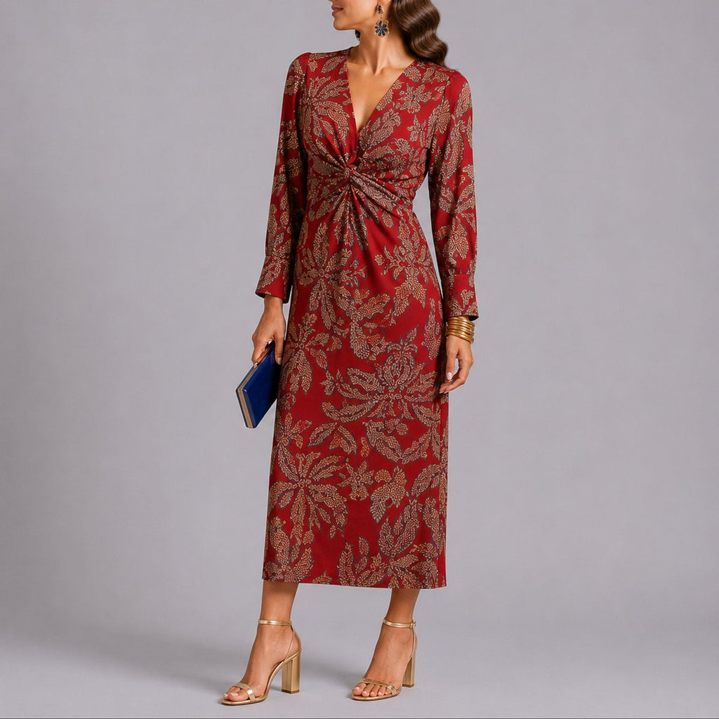 Women's Fall Wedding Guest Dresses Floral Twist-Front V-Neck Midi Dress - Red