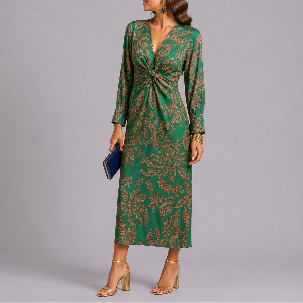 Women's Fall Wedding Guest Dresses Floral Twist-Front V-Neck Midi Dress - Green