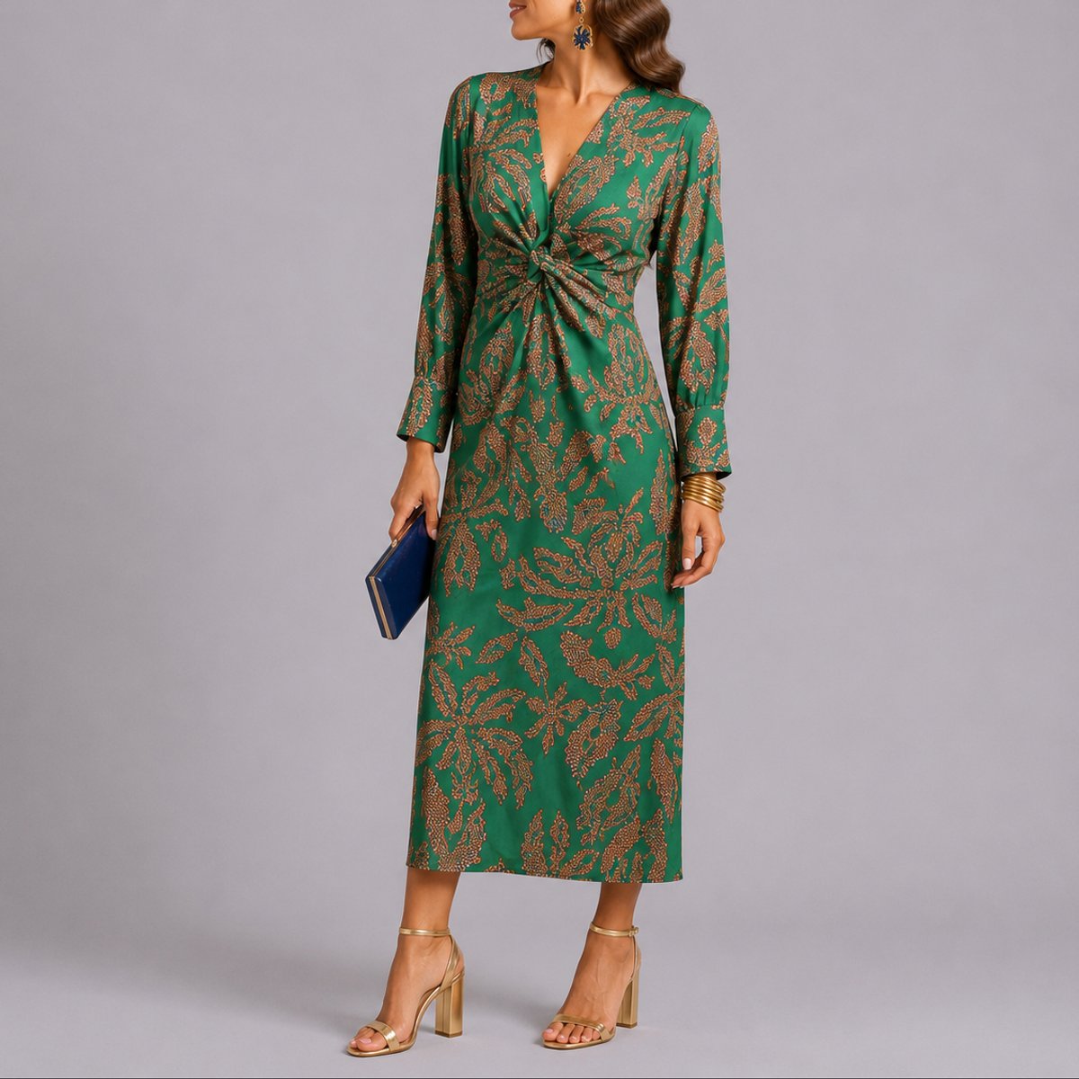 Women's Fall Wedding Guest Dresses Floral Twist-Front V-Neck Midi Dress - Green