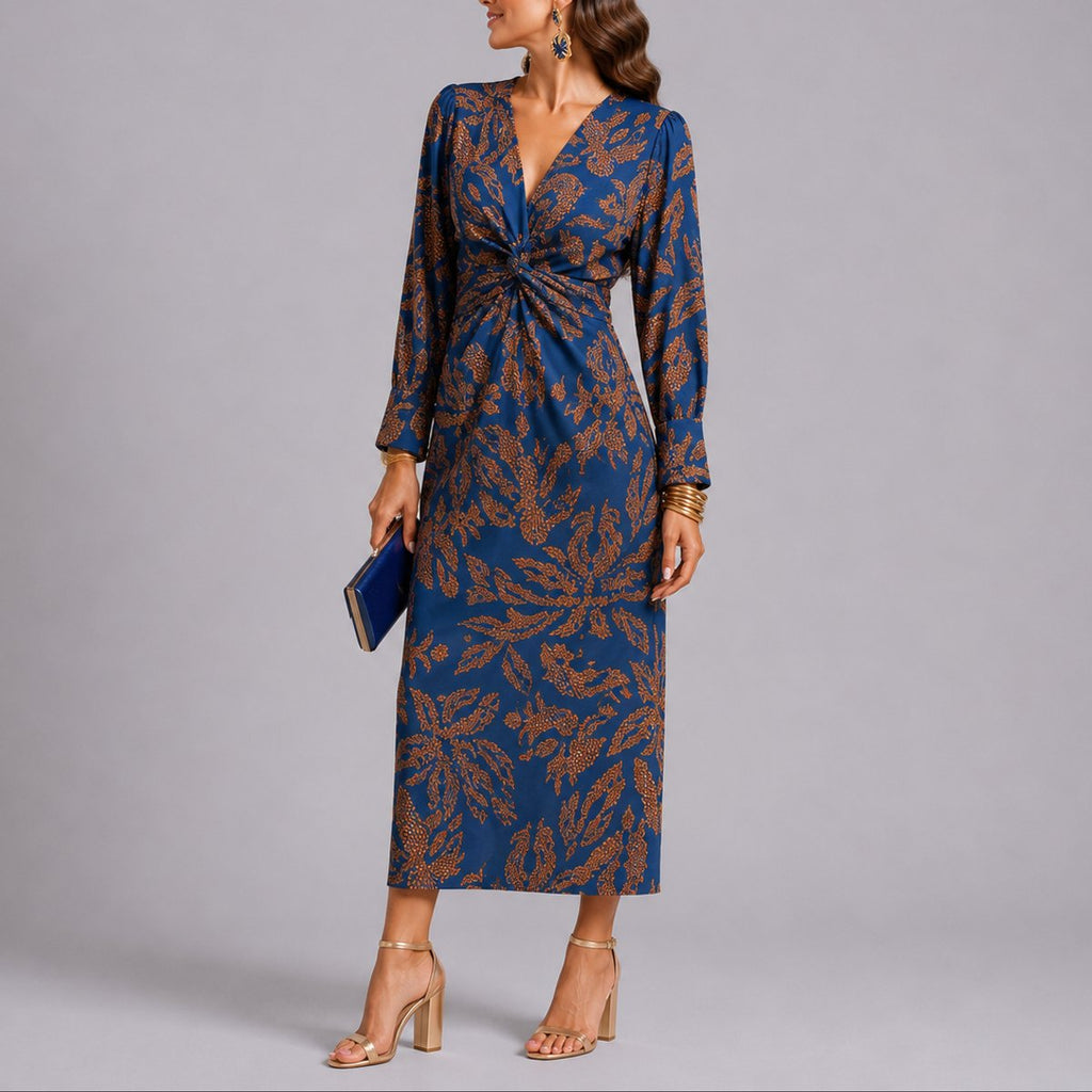 Women's Fall Wedding Guest Dresses Floral Twist-Front V-Neck Midi Dress - Blue